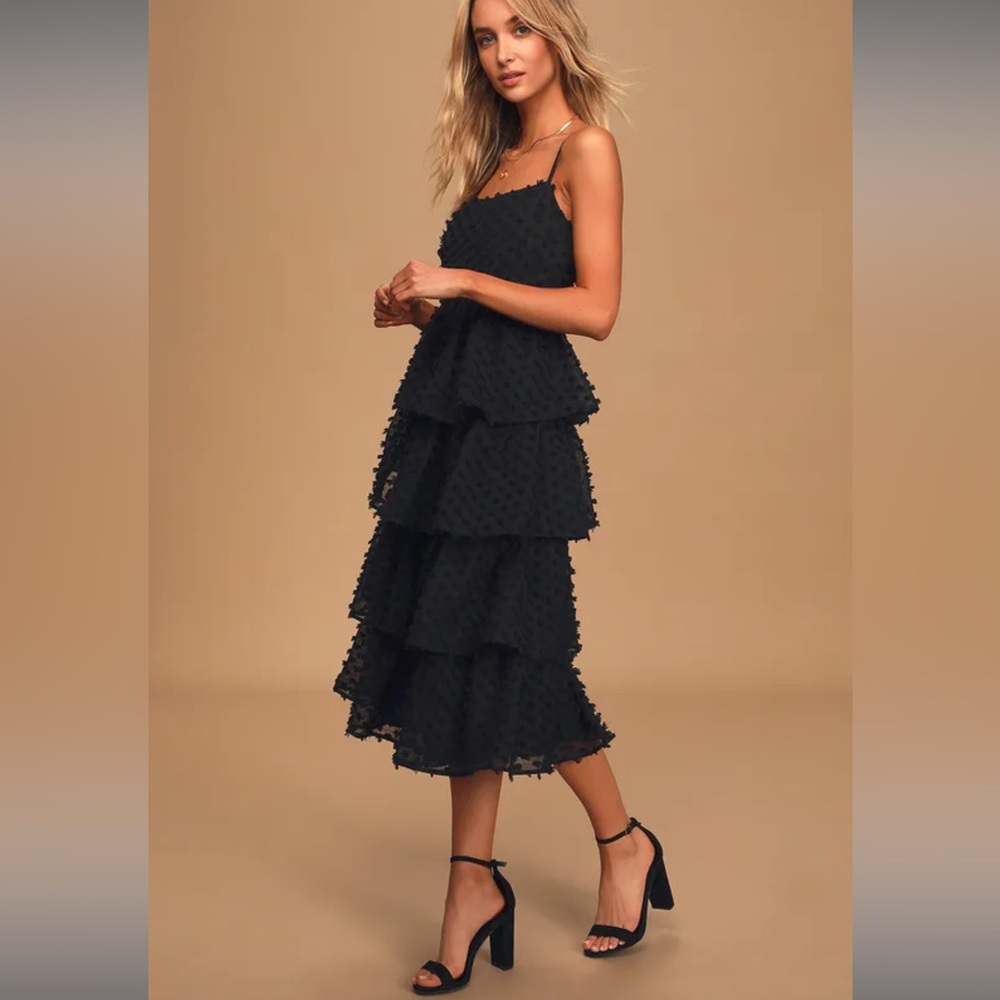 LULUS Flirting with You Black Tiered Pom Pom Midi Dress
